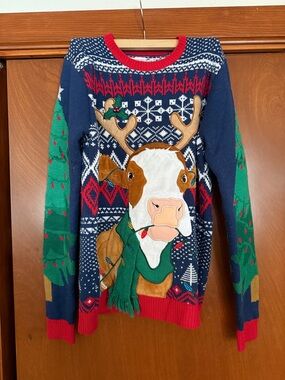 Holiday Time Navy, Green & Red Reindeer-Cow Crewneck Sweater